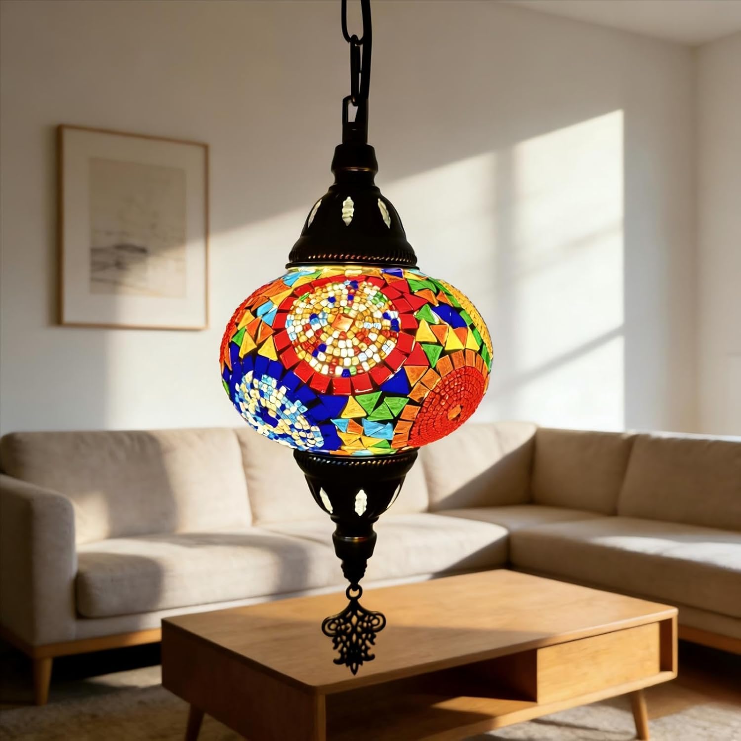 Turkish Handmade Mosaic Plug-in Pendant Light - 6" Globe Hanging Ceiling Fixture, 15ft Swag Chain & Cord, US/CA Plug, Moroccan Exotic Home Decor (Colorful 3)