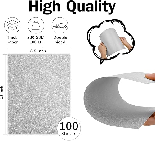 Miniatura 2 de 100 hojas de cartulina plateada con purpurina de 8.5 x 11 pulgadas de doble cara, papel Goefun de 100 libras con purpurina que no se desprende, a