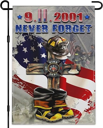 Bandera de jardín 911 Never Forget de 12 x 18 pulgadas con texto en inglés "American We Remember 911", bandera de jardín del Día del Patriota