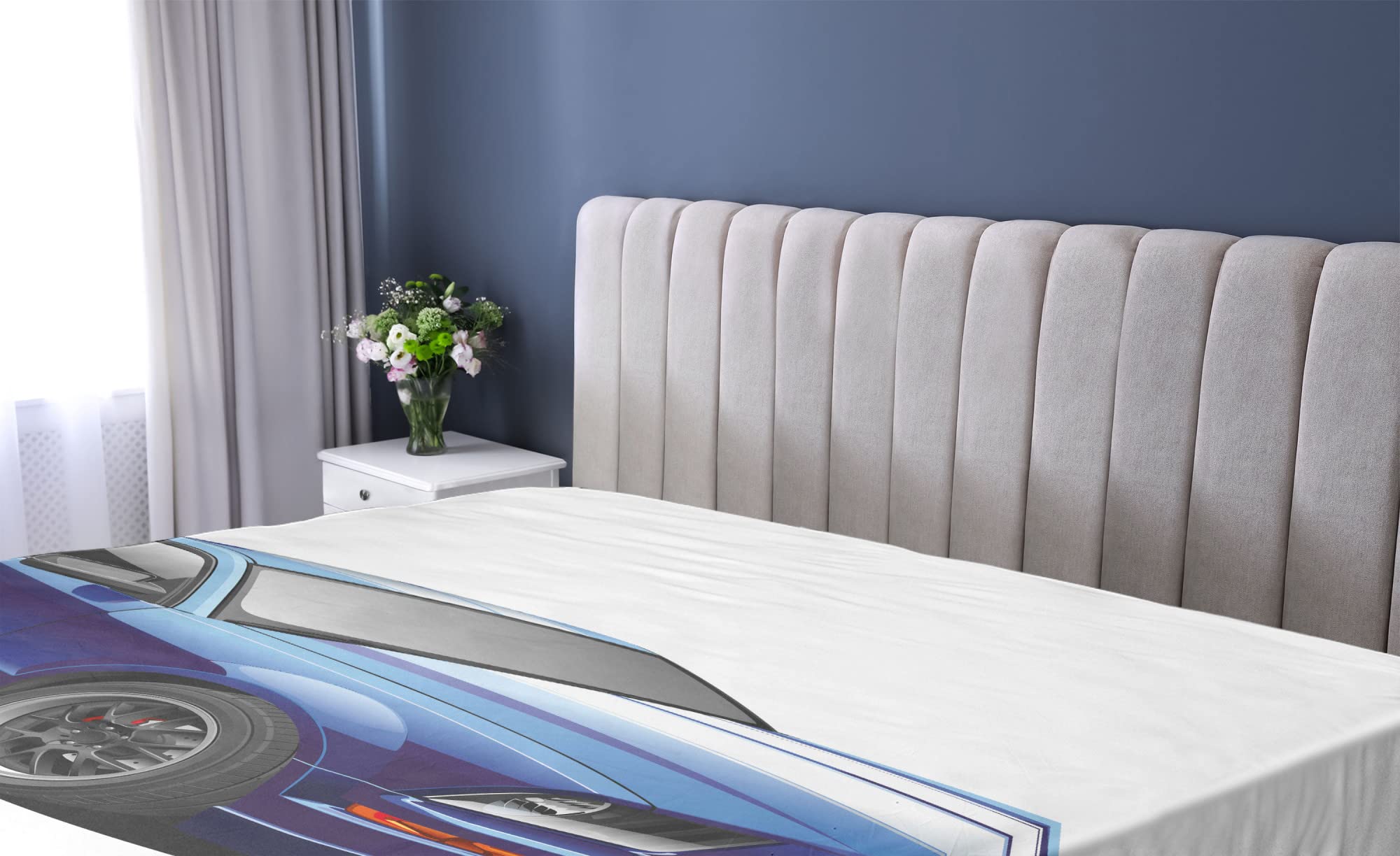 Ambesonne Teen Room Fitted Sheet, American Auto Racing Theme Car Sports Competition Speed Winner Boys Graphic, Bed Cover with All-Round Elastic Deep Pocket for Comfort, Full Size, Blue Grey