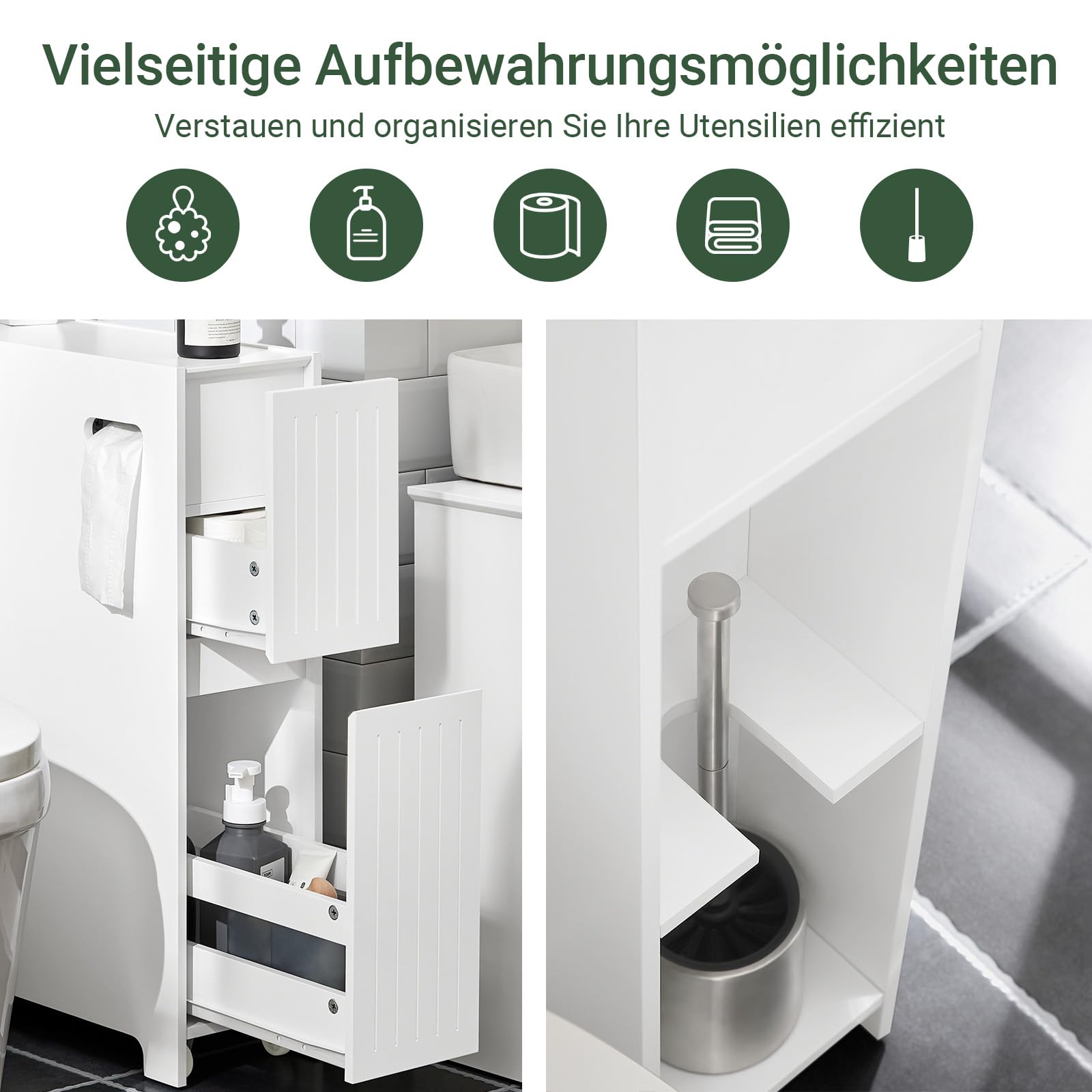 SoBuy Nischenregal 20cm – schmaler Badezimmerschrank mit Rollen Nischenwagen Rollwagen mit Schublade für Toilettenpapier-Aufbewahrung, Badmöbel aus Holz, Weiß, 20x75x60cm, BZR111-W