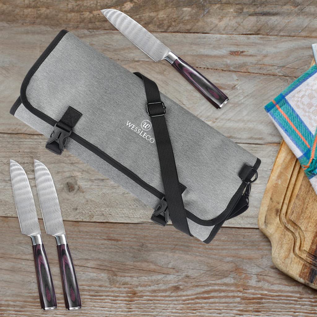 F Fityle Borsa Portacoltelli, Borsa Porta Coltelli Chef, Borsa a Rullo per Coltelli da Chef (14 Slot) Contiene 8 Coltelli Pi Mannaia, Tasca Multiuso E 6 Cucchiai da Degustazione, Portacoltelli
