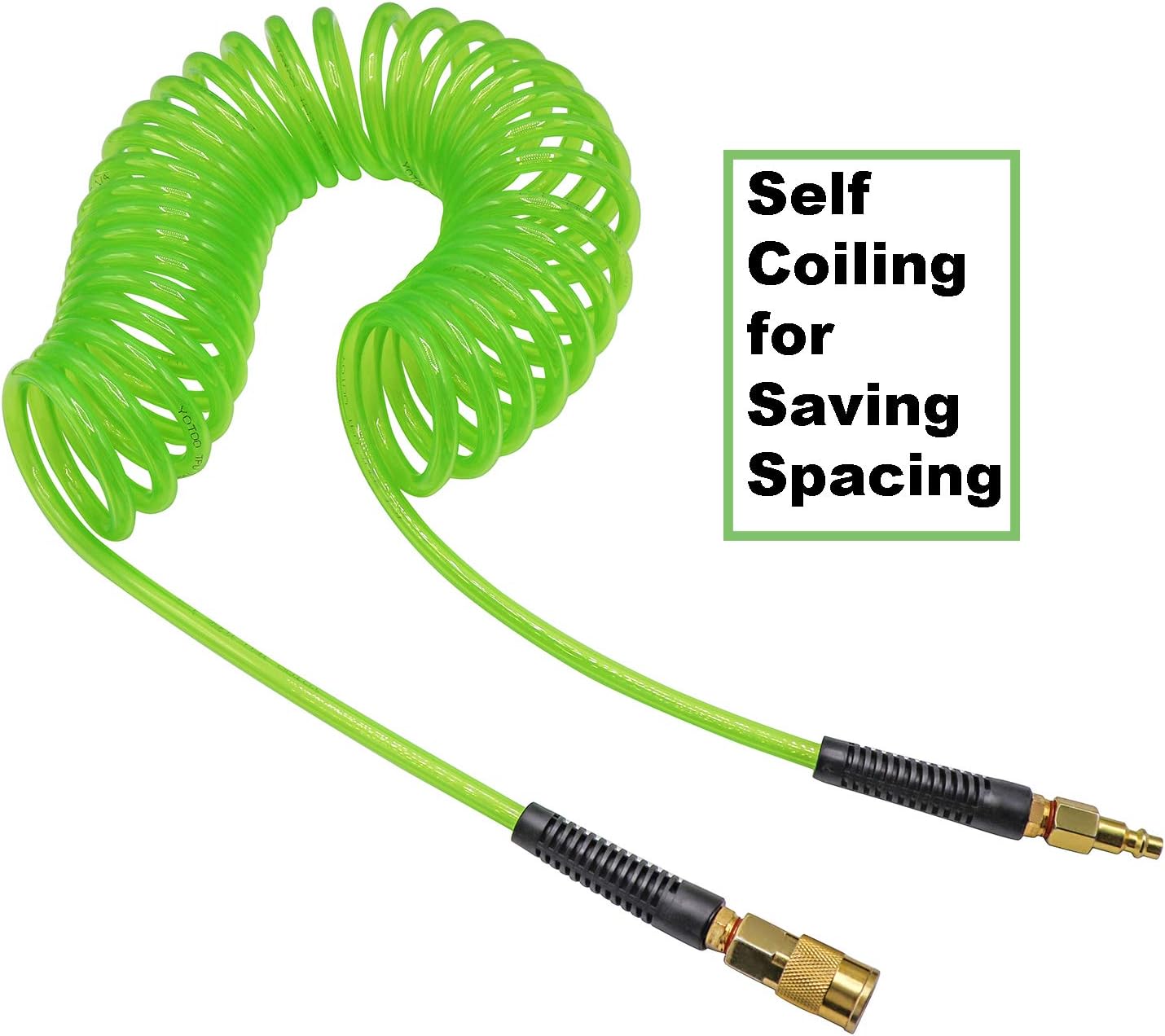 YOTOO Polyurethane Recoil Air Hose, Air Compressor Hose 1/4" Inner Diameter by 25' Long with Bend Restrictor, 1/4" Industrial Quick Coupler and Plug, Green