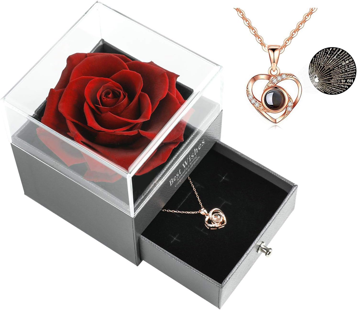 Skalago Preserved Real Rose Drawer with Heart Necklace I Love You in 100 Languages Gift Set, Handmade Enchanted Real Rose Flower for Valentine’s Day Anniversary Birthday Romantic Gifts for her (Pink)