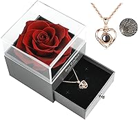 Vista 13 de Skalago Rosa real preservada con collar de corazón I Love You en 100 idiomas, hecho a mano, flor de rosa real encantada para el día de San Valentín