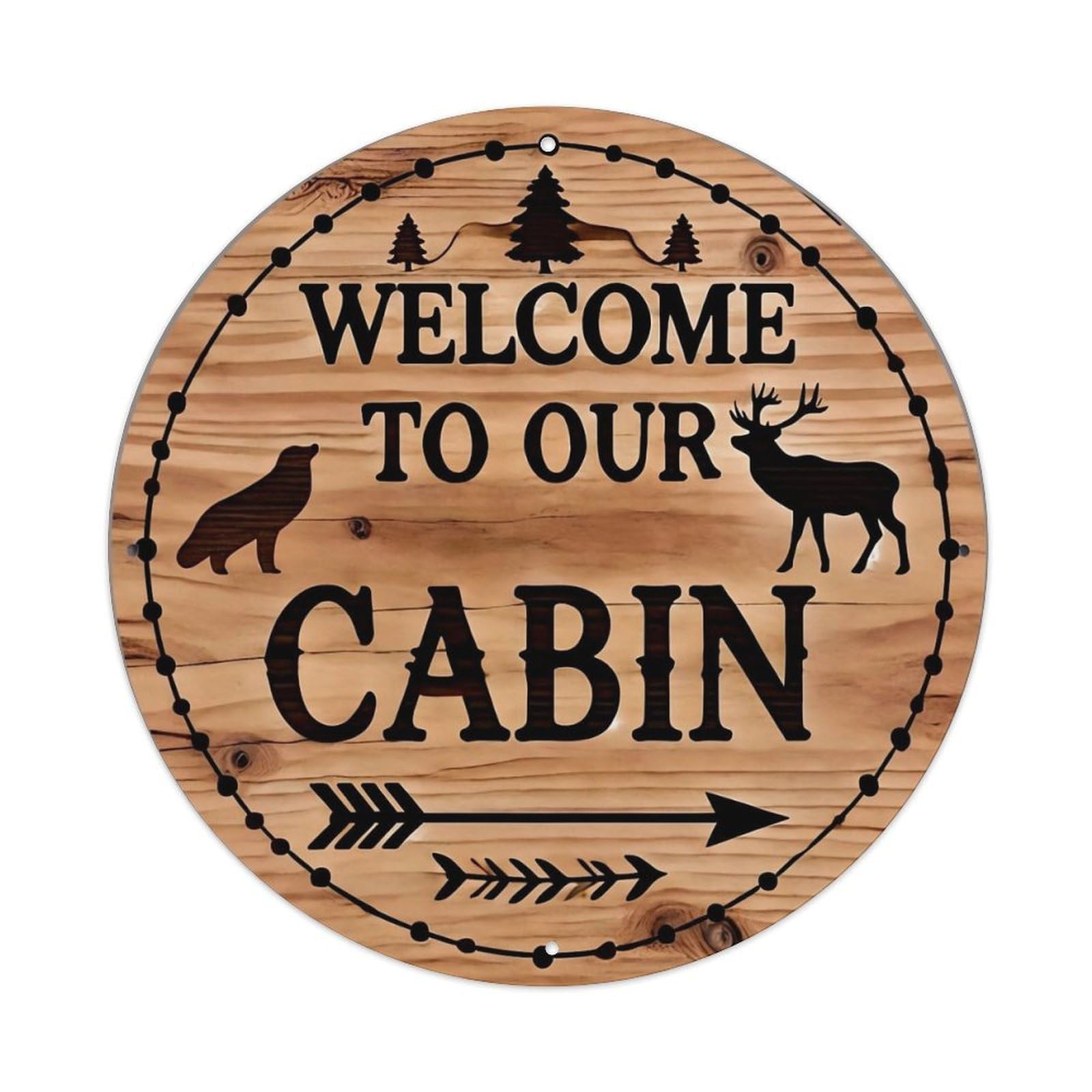 Cabin Welcome Sign With Deer And Bird Round Tin Sign Vintage Metal Sign Home Bar Garden Indoor & Outdoor Wall Decor Retro Metal Poster 8x8 Inch