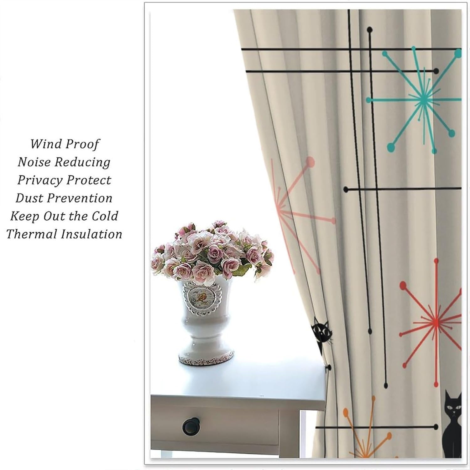 Retro 50s Curtains, Mid Century Vintage Geometric Abstract Atomic Black Cat Blackout Window Treatments, Rod Pocket Thermal Insulated Drapes for Bedroom Living Room, 42" W X 54" L