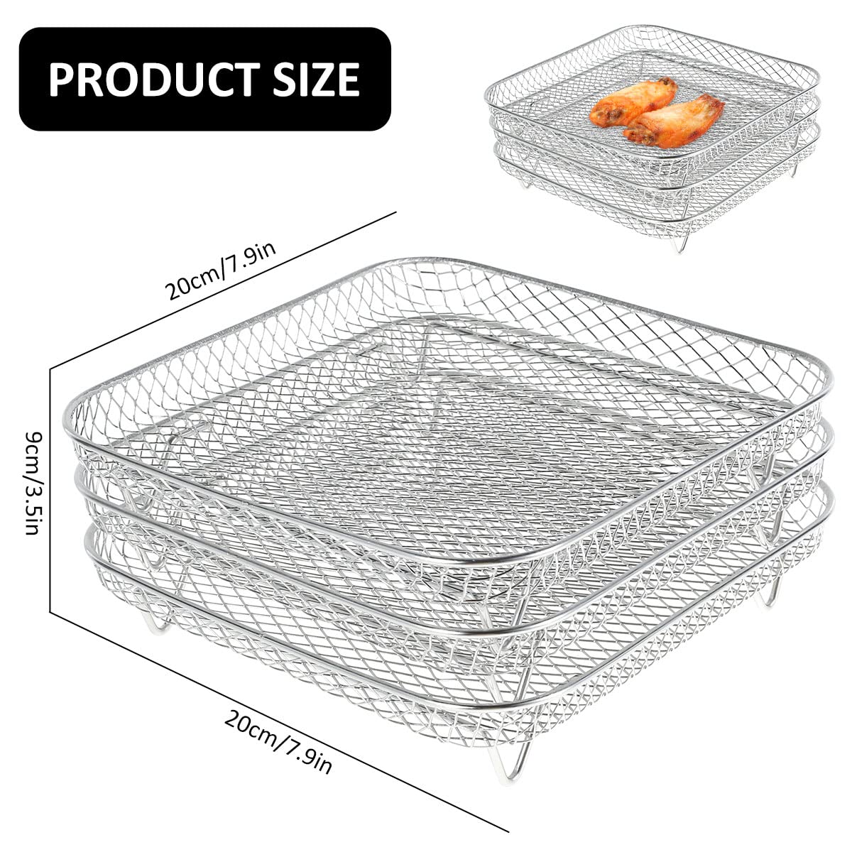 KTZCTPCA Air Fryer Racks, Air Fryer Basket Tray Fit for 5.8QT Air Fryer and 7.5L-8L Square Air Fryer, Stainless Steel Three Layer Stackable Dehydrator Racks, Square Air Fryer Basket Tray, Silver