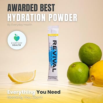 Revival Rapid Rehydration Sachets Electrolytes Powder High Strength Vitamin C, B1, B3, B5, B12 Supplement Sachet Energy Drink, Effervescent Electrolyte Hydration Tablets 12 Pack Lemon Lime Flavours