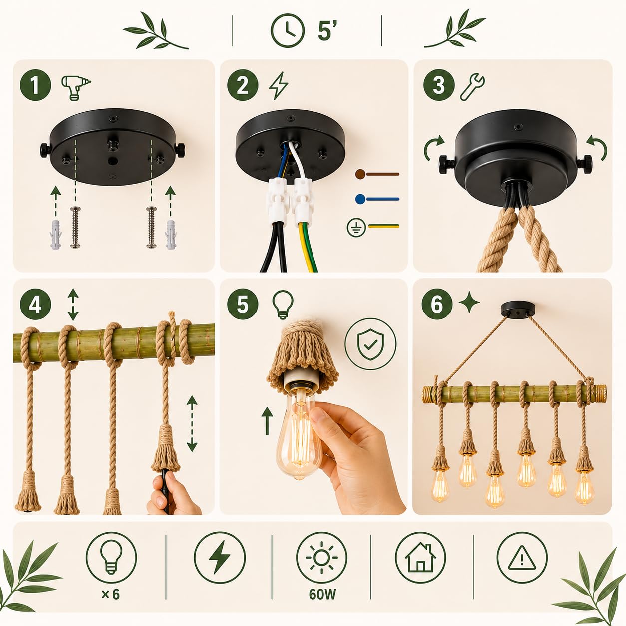 ONSSI® Lámpara Colgante de Bambú Natural,Lámpara de Techo Vintage Rústica con 6 Portalámparas E27,Diseño de Cuerda de Cáñamo Ajustable,para Comedor,Salón,Bar,Cafetería y Restaurante (Sin Bombillas)
