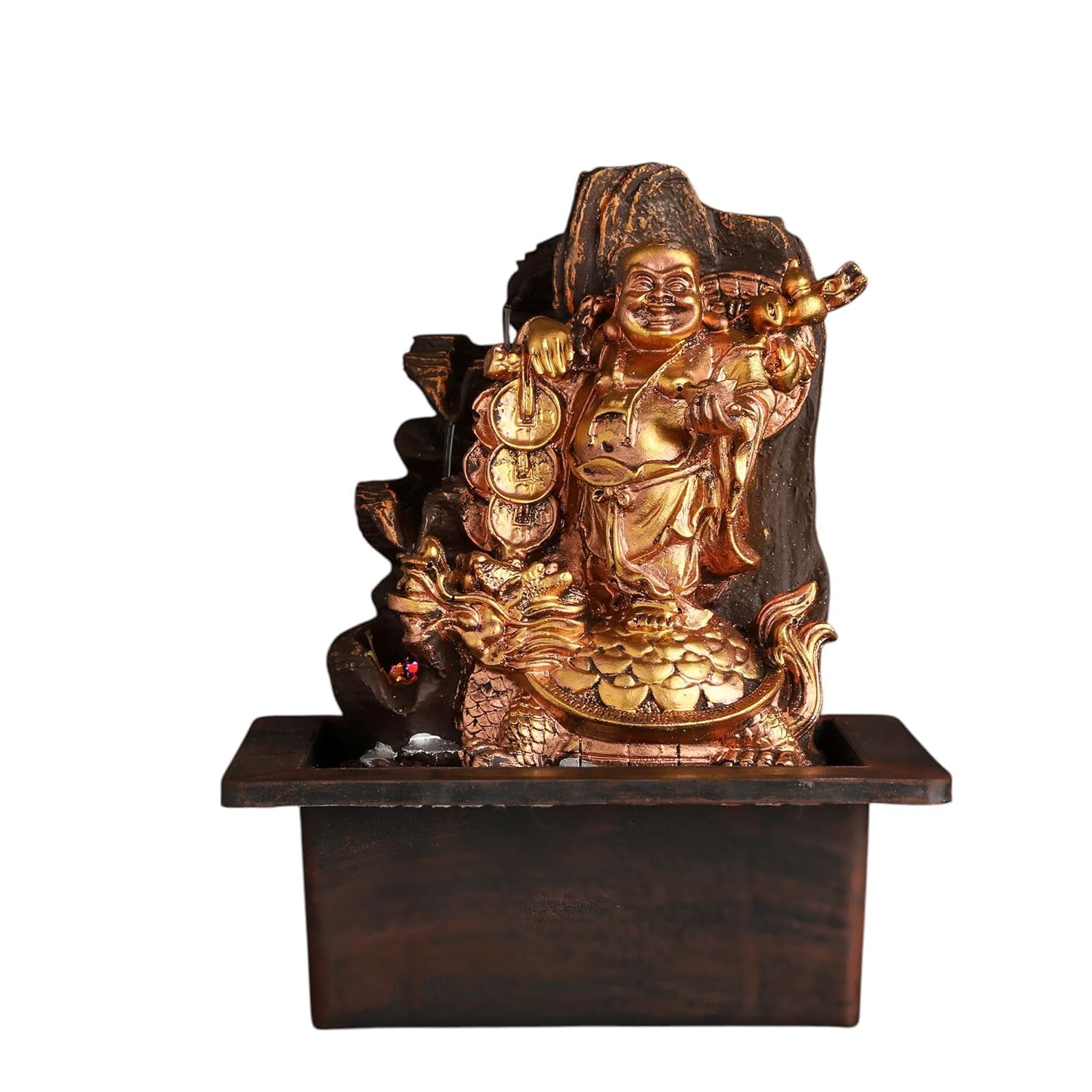 Laughing Buddha Fountain with Dragon, Golden Bronze Finish, Feng Shui Decor, Tabletop Water Feature-image-15