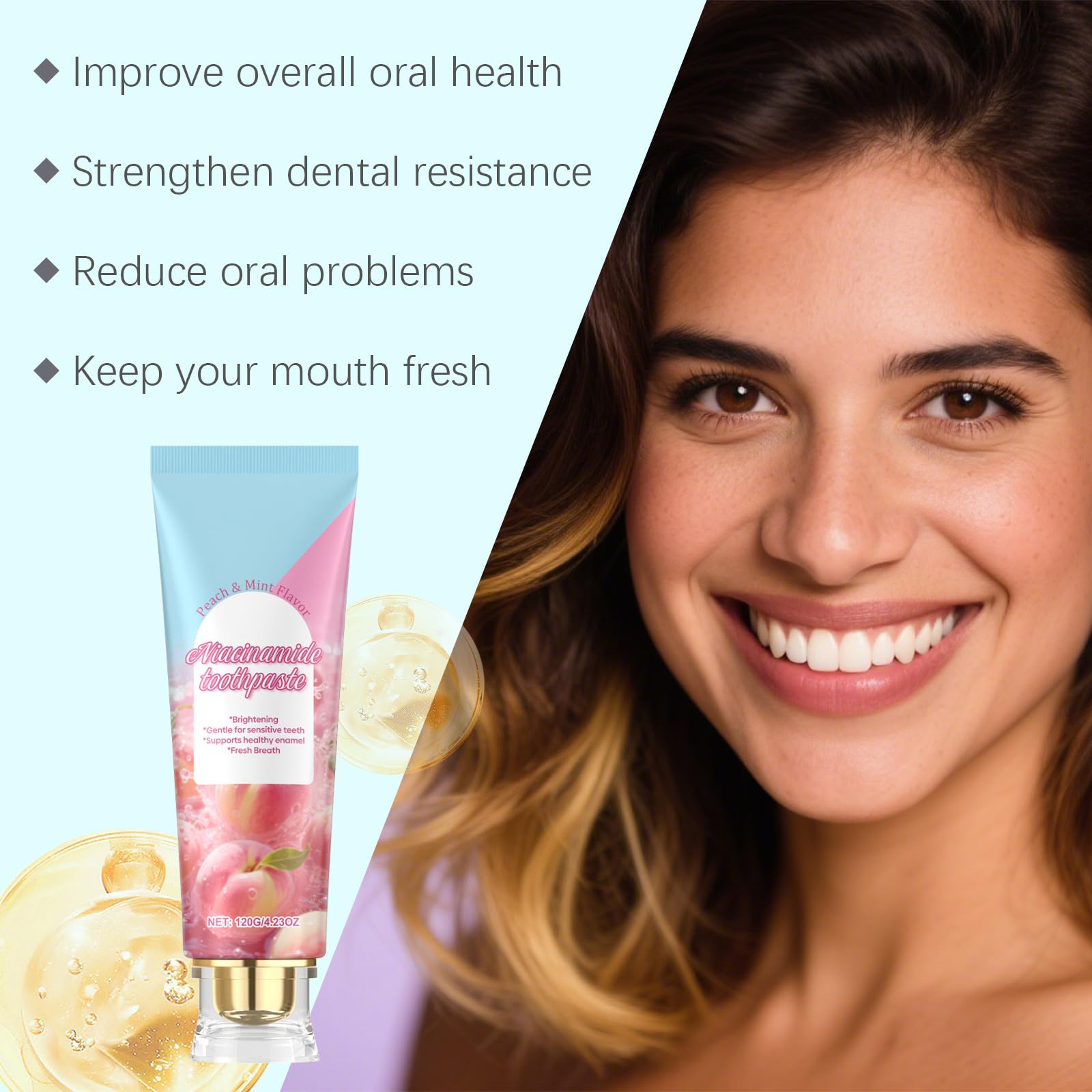 Pasta de dientes blanqueadora de niacinamida contra manchas y reparación del esmalte, pasta de dientes suave para dientes sensibles, aliento fresco, brillante, cuidado bucal diario natural para