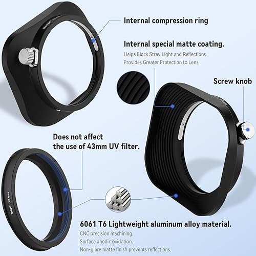 Miniatura 7 de Haoge Parasol de lente de metal cuadrado de 1.693 in para Leica D-Lux 8 accesorios de cámara parasol de lente atornillado