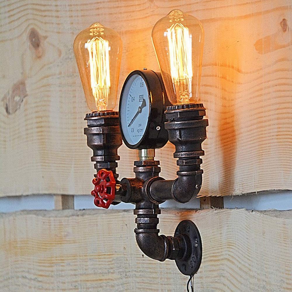Iluminación de 2 Luces Aplique de Pared Tubo de Hierro Vintage Lámpara de Pared Creativa Linterna de Pared Retro Metal Industrial Steampunk Aplique de Hierro Forjado rústico Luces de tubería de Agua