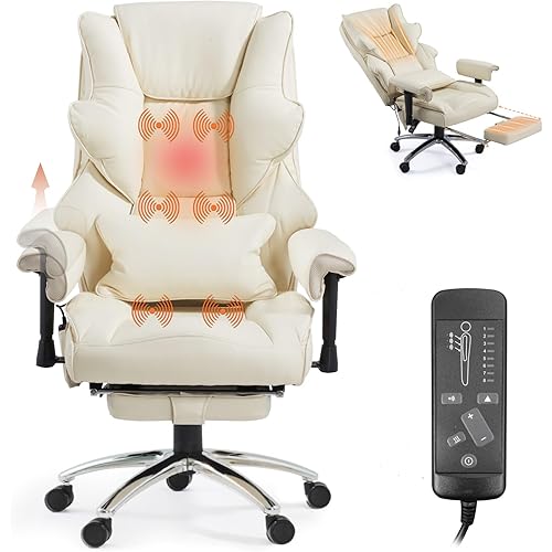 Massage Office Chair with Foot Rest, Ergonomic Executive Heated Office Chair with Reclining Backrest, Adjustable Arms and Lumbar Support, High Back Leather Desk Chairs for Home Office, Beige