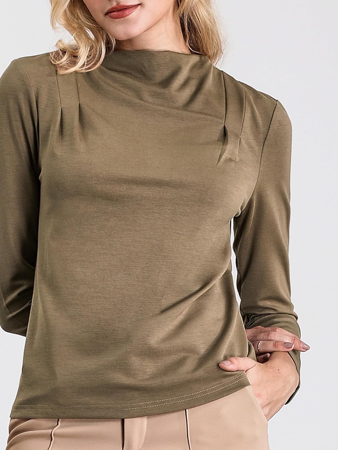 Women's Casual Fall Shirt Top Pleated Mock Neck Long Sleeve Pullover Blouse - Image 4