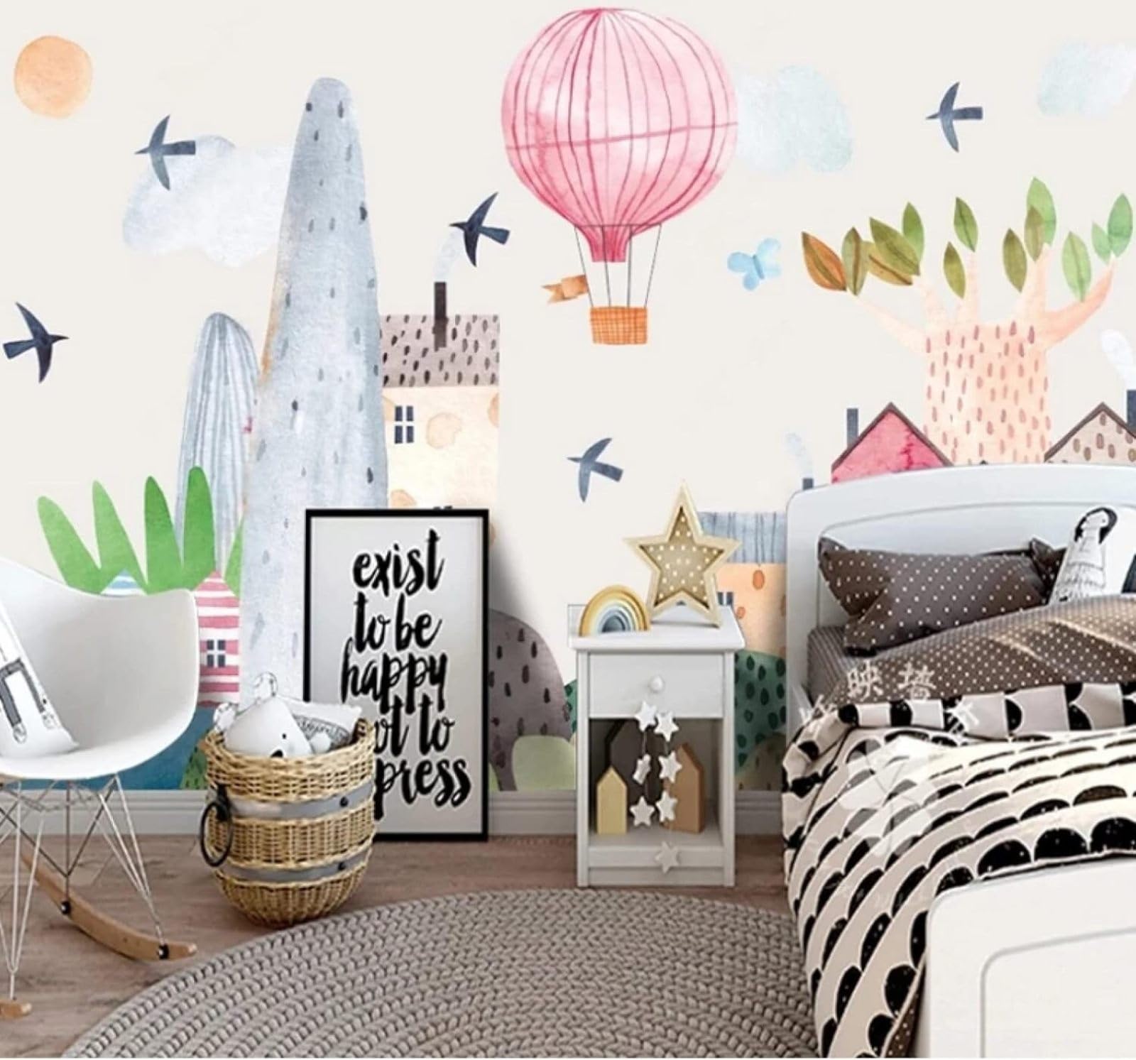 XLMING Cartoon Watercolour Houses Hot Air Balloons Scenery 3D Wallpaper Luxury Silk Study Dining Feature Sofa Grey Bedroom Living Room Tv Decorative Wall-200cm×140cm