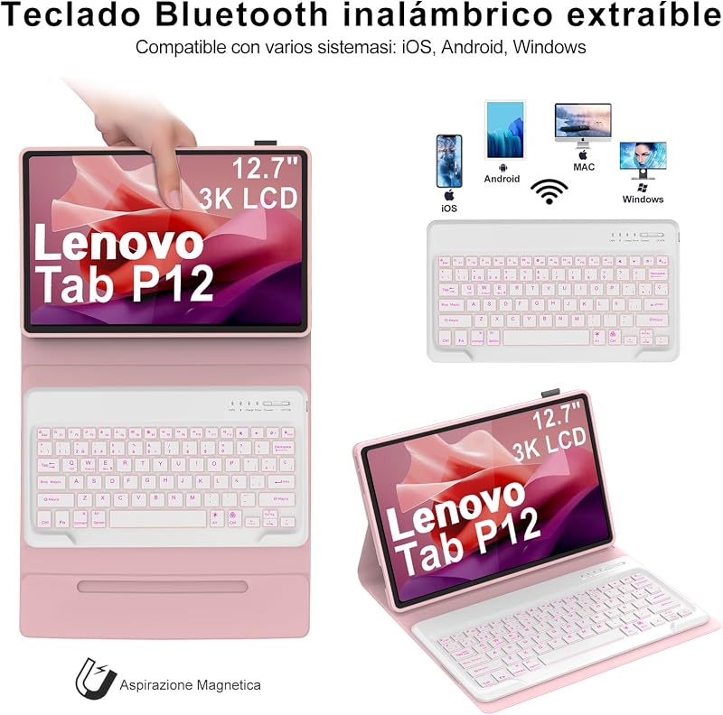 SENGBIRCH Lenovo Tab P12 12,7" Tok Billentyűzettel Bluetooth Világítás Rózsaszín