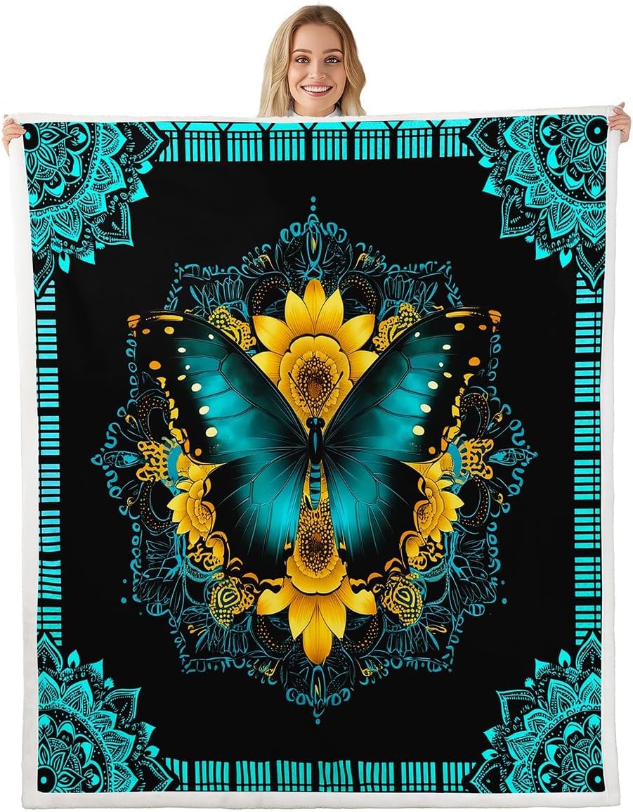 Erosebridal Boho Lotus Throw Blanket for Couch - Indian Hamsa Fleece Blanket, Blue Ombre Neon Sherpa, Queen Size, Super Soft, Cozy & Durable, Lotus Gifts for Home Room Bedroom Decor, Purple