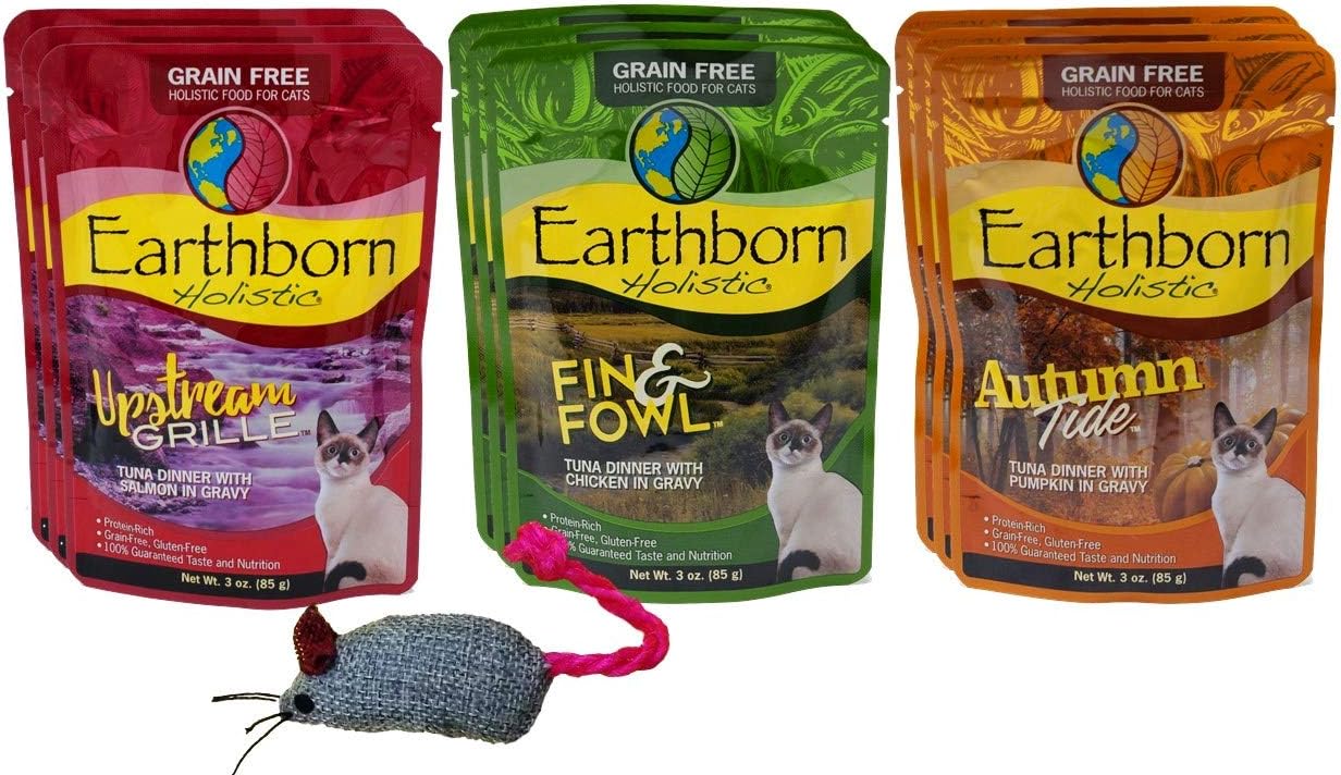EarthbornHolistic Grain Free Cat Food 3 Flavor Variety 9 Pouch Bundle with Toy, (3) Each: Upstream Grille, Autumn Tide, Fin & Fowl (3 Ounces)