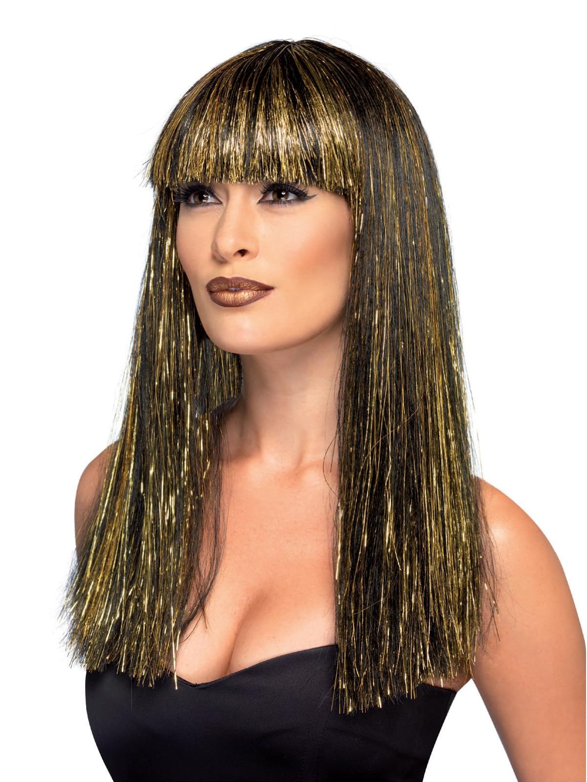 Smiffys Egyptian Goddess Wig, Black with Gold Tinsel, Legends & Myths Fancy Dress, Ancient Egypt Dress Up Wigs