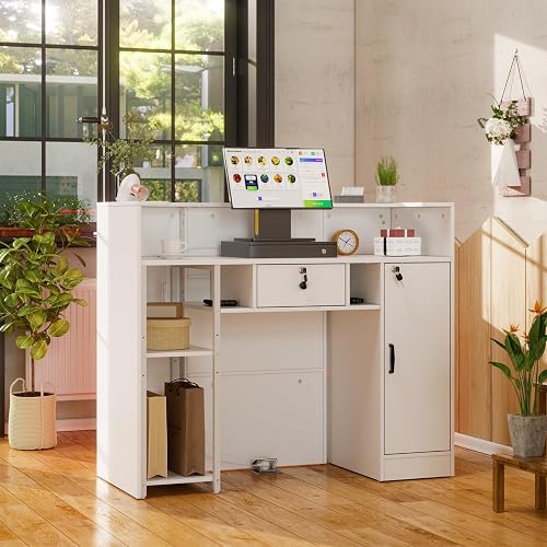 MSFE Banco Receptio con LED, 120cmX100cmX50cm Bancone Reception con Cassetti e Armadi Chiudibili, Bancone Cassa, Armadio Bancon Vendita, Mobili per reception, per Hotel, Ufficio,Centro Estetico - 8