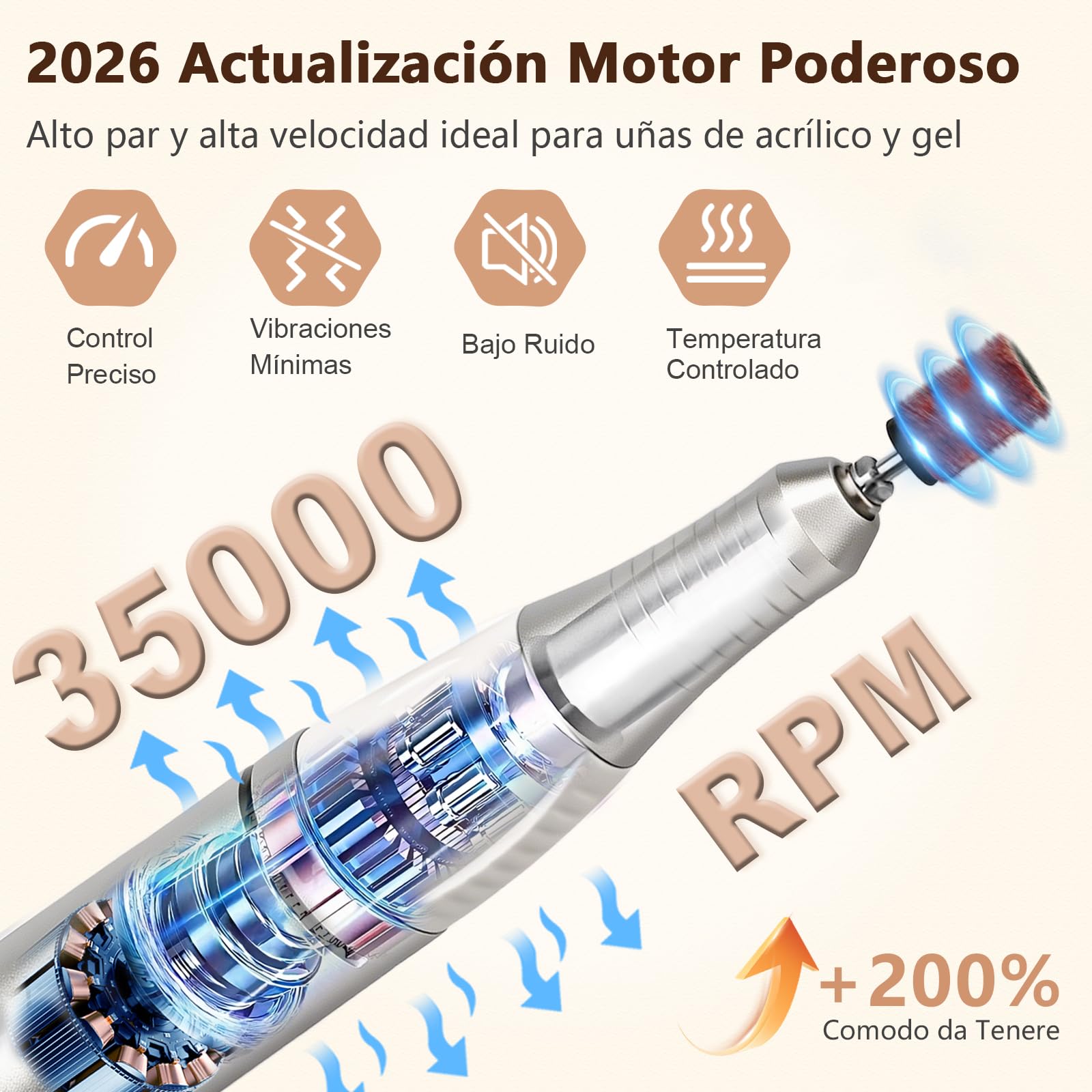 Einniewi Torno para Uñas Profesional 35000RPM, Lima Uñas Electrica con Botones Táctiles y Pantalla HD LED Digital, Nail Drill Kit Manicura y Pedicura, Quitar Acrílico Gel/Esmalte/Callos, Blanco