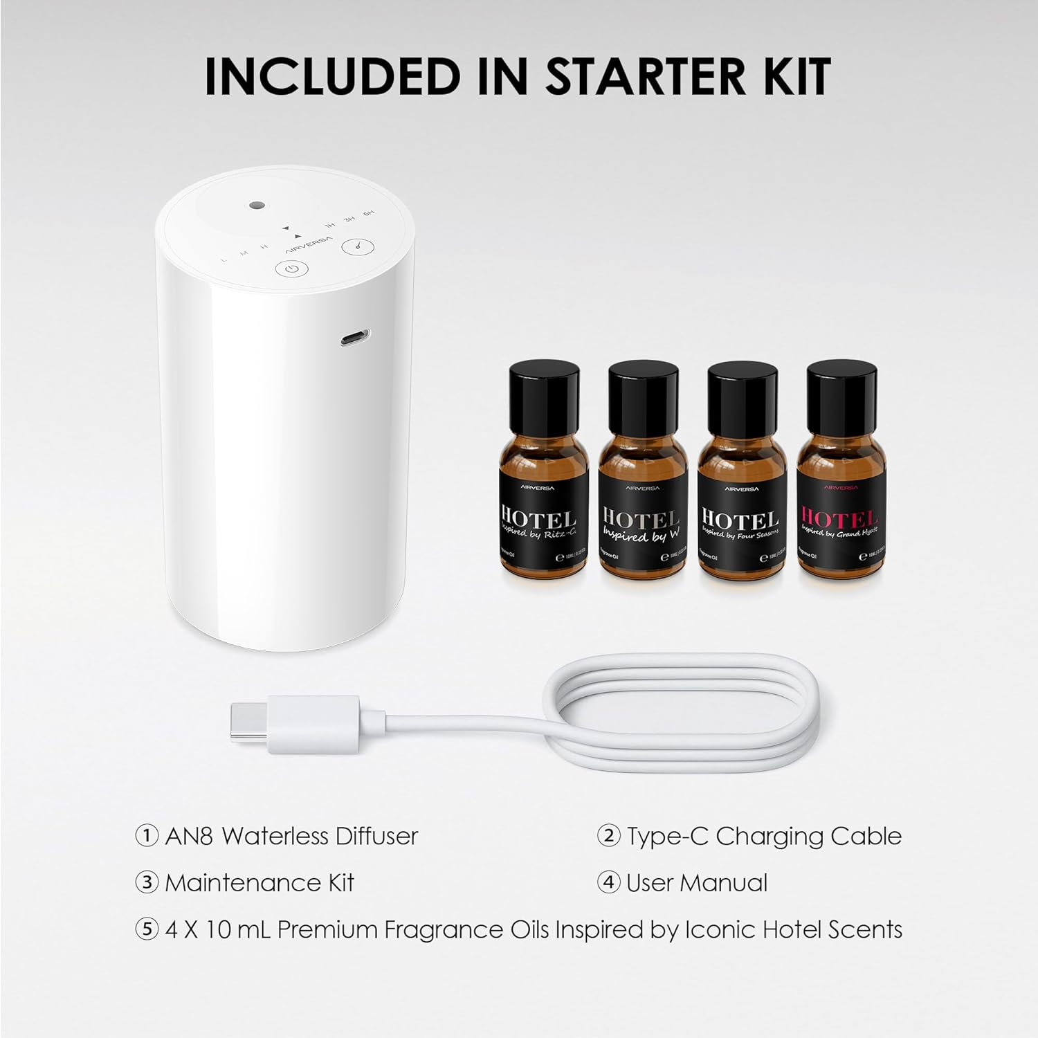Airversa Waterless Essential Oil Diffuser Starter Kit with 4 x 10mL Hotel Scent Fragrance Oil, Battery Operated Mini Scent Air Machine Portable Diffuser for Home Car Office, AN8 Kit White - Image 4