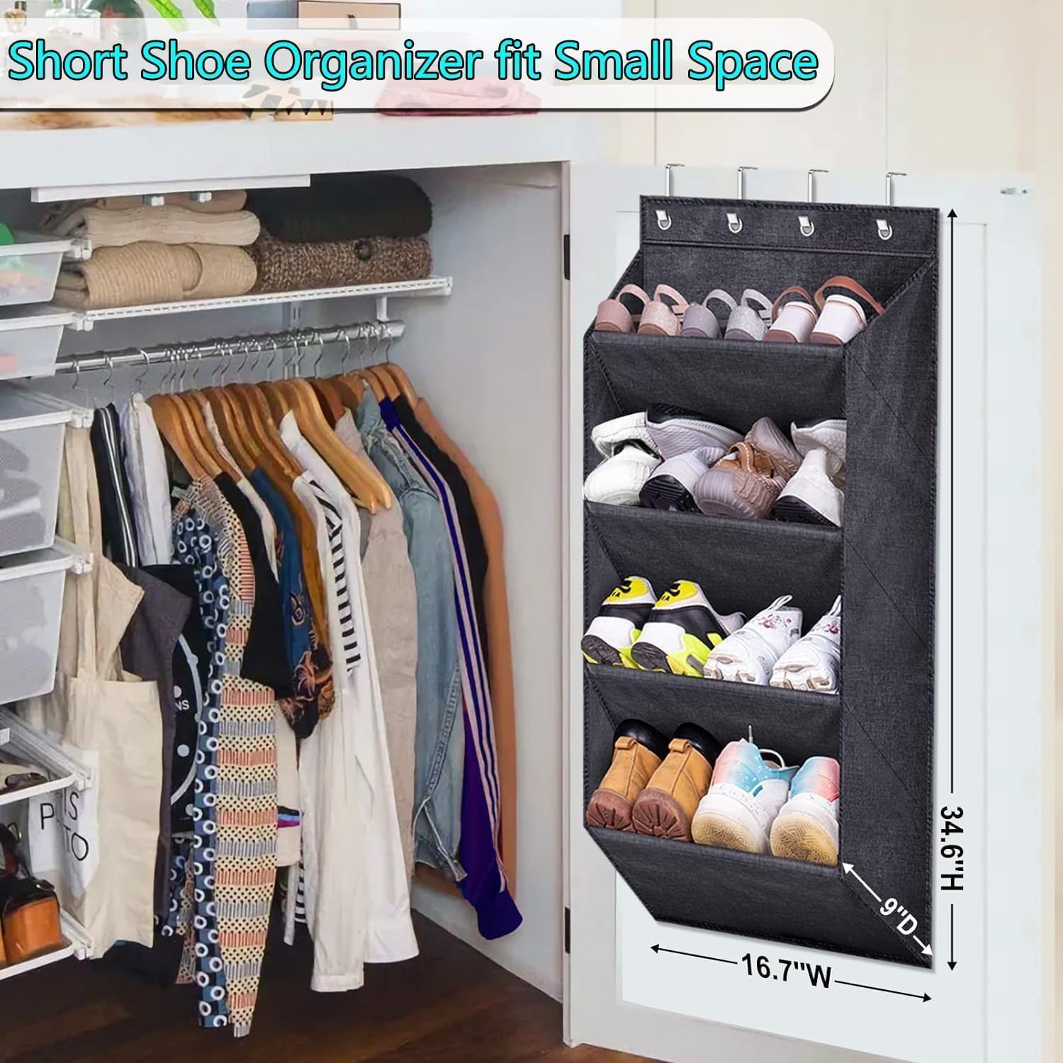 MISSLO Scarpiera porta da appendere per armadio, organizer corto per scarpe con grandi tasche profonde, sottile sopra la porta, per stivali in camper, dormitorio, nero
