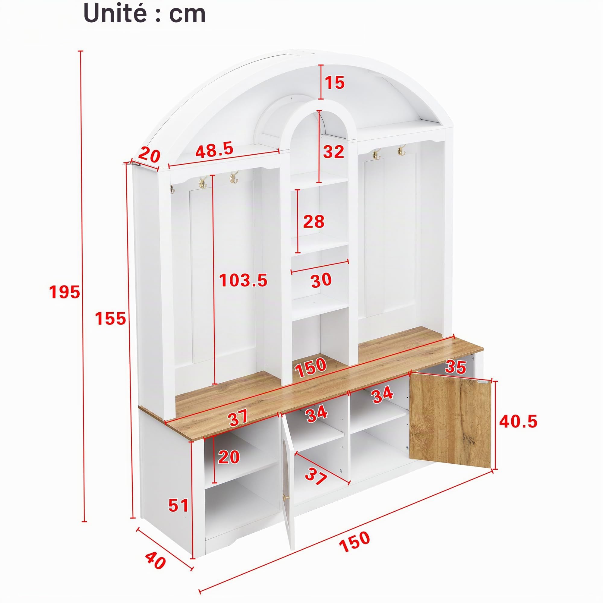 Merax Armoire multifonctionnelle pour entrée avec étagère à chaussures, tablettes et crochets, moderne placard avec design incurvé, double porte de rangement et étagère ouverte, blanc