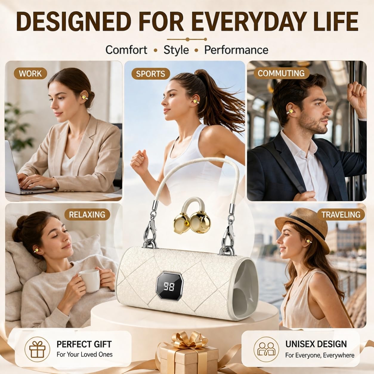 Auricolari wireless intelligenti con vano batteria a mano, Bluetooth 6.0, cuffie aperte con microfono integrato, design con ganci sopra l'orecchio, compatibili con iOS e Android (bianco)