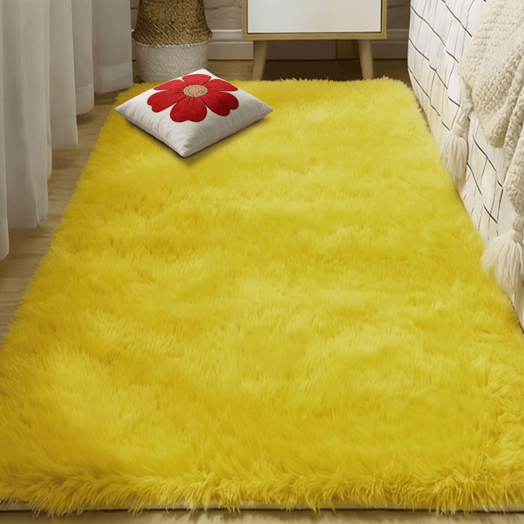 Tapis à poils longs jaune 130x140 shaggy ultra doux de salon moderne