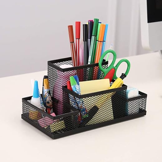 Desk to dine 4-Compartment Metal Mesh Desk Organizer Set Office Supplies Accessories Storage Caddy | Pen Pencil Holder for...
