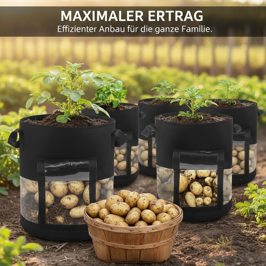 Premium Kartoffel Pflanzsack für effizienten Anbau | 7/10 Gal Vliesstoff-Pflanzbeutel mit Sichtfenster & Tragegriffen | Robuster Stofftopf für Garten & Balkon, Mehrfach verwendbar (4pcs,7 Gallonen)