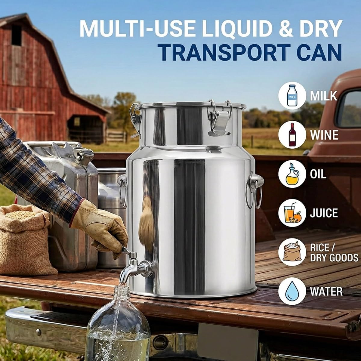 5l -88l Jarra de Leche Inoxidable Hermético, Lechera con Tapa y Anillo de Sellado, Bidón de Transporte de Fácil Limpieza, Cubo acero inoxidable Multiuso(No Spigot,18L/4.76Gal)