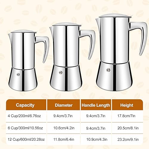 Miniatura 2 de Sin revestimiento 4 tazas de acero inoxidable 304 espesado Moka Pot Estufa Cafetera de café italiano 6.8 fl oz 6.8oz Adecuado para estufa de