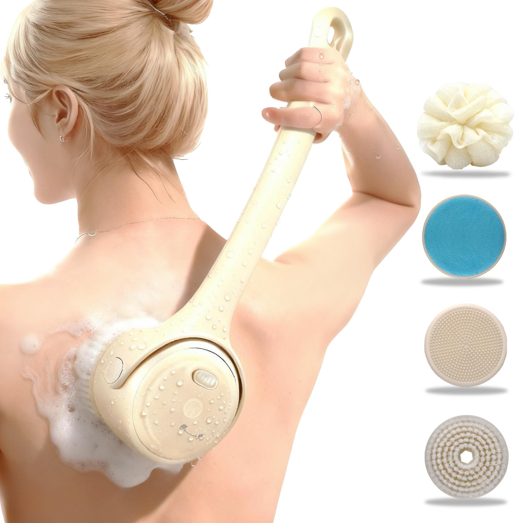 Electric Back Scrubber for Shower - Rechargeable Waterproof Body Exfoliator Brush with 4 Heads, Double Handles for Deep Cleaning & Skin Massag (Milk