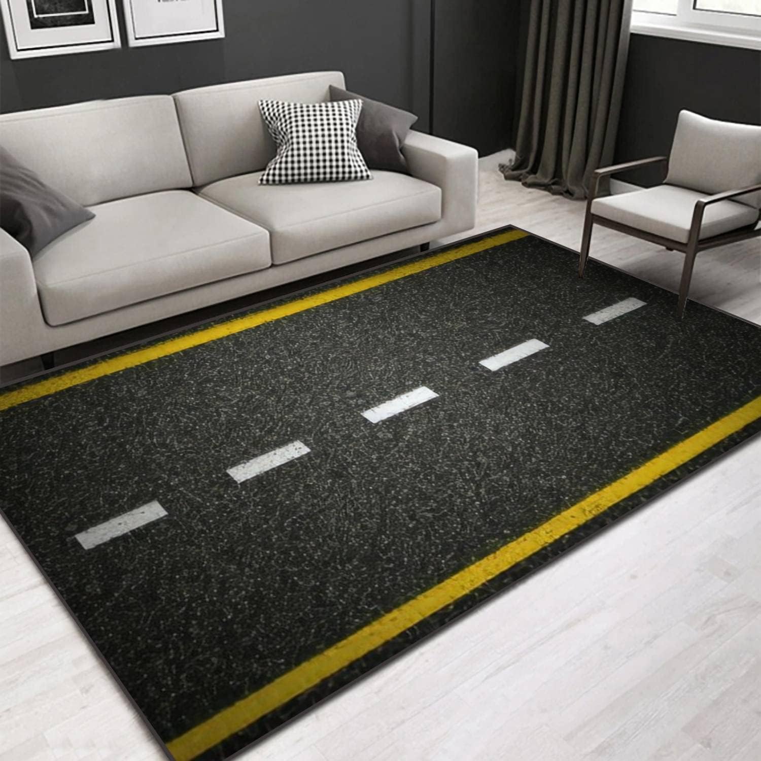 Area Rug Road top View Asphalt Highway Marks 3D Rugs Non-Slip Mat Throw Rug Yoga for Living Room Playroom Classroom Nursery Decor Outdoor Floor Carpets 64" L×48" W