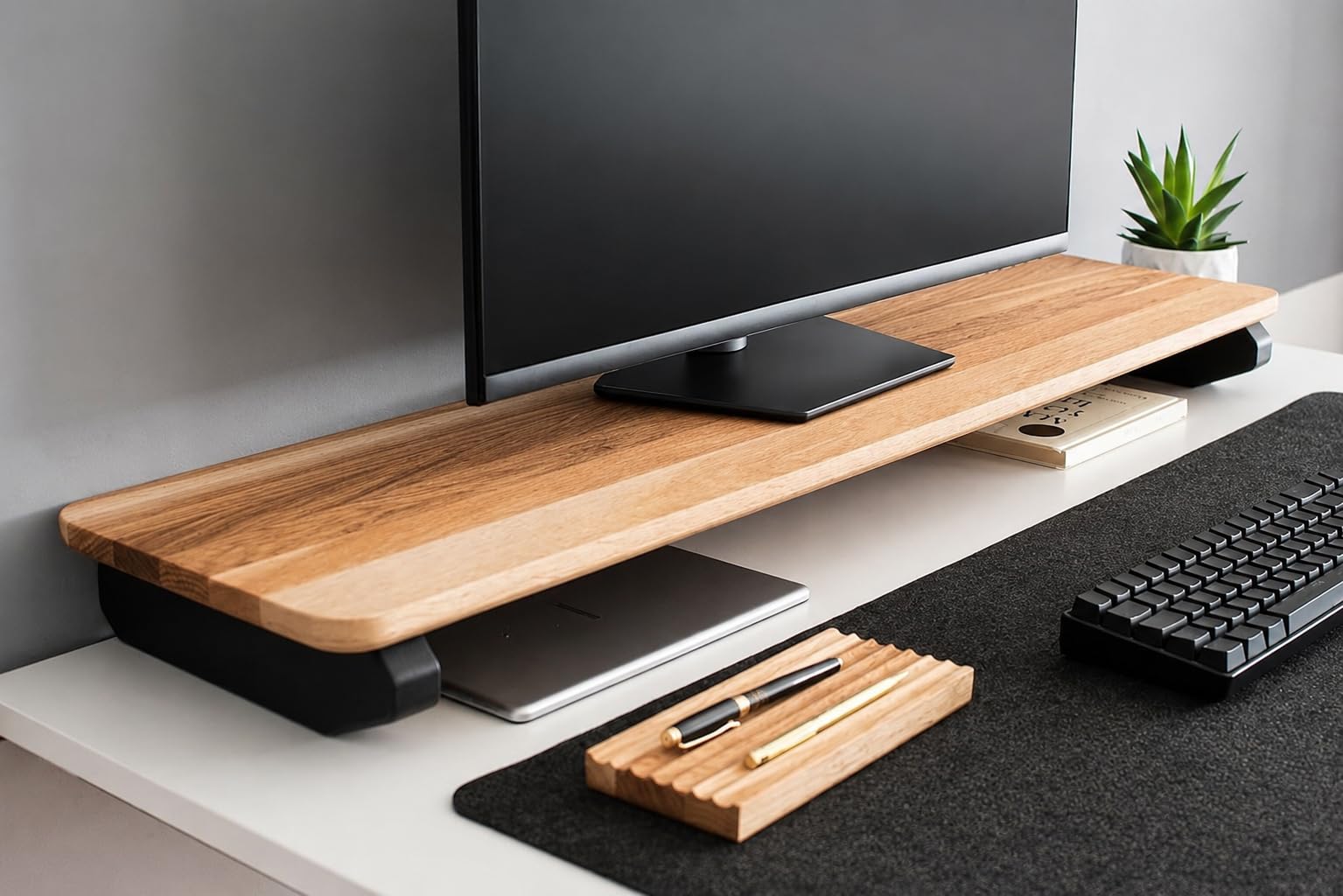 carpentray 100cm Wooden Computer Long Monitor Stand, Monitor Riser Desk Shelf Desktop Legs Stand TV Laptop Riser with Keyboard Storage Desk (100 cm Long)