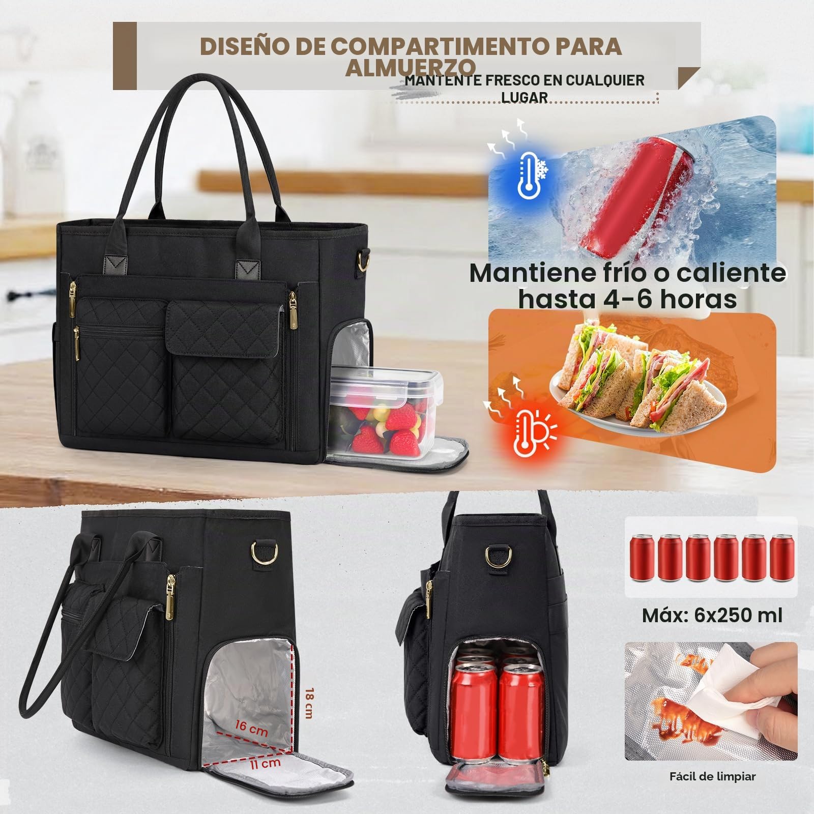 RAINSMORE Bolso Maestra Portátil 15,6 Pulgadas Mujer con Compartimento Térmico Nevera Bolso Universidad Mujer Bolso Trabajo Grande para Oficina Compras