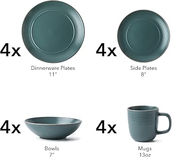 Arora RINGAR Round Stoneware 16pc Dinnerware Set of 4, Dinner Plates, Side Plates, Cereal Bowls, Mugs - Speckle Matte Green (434540)