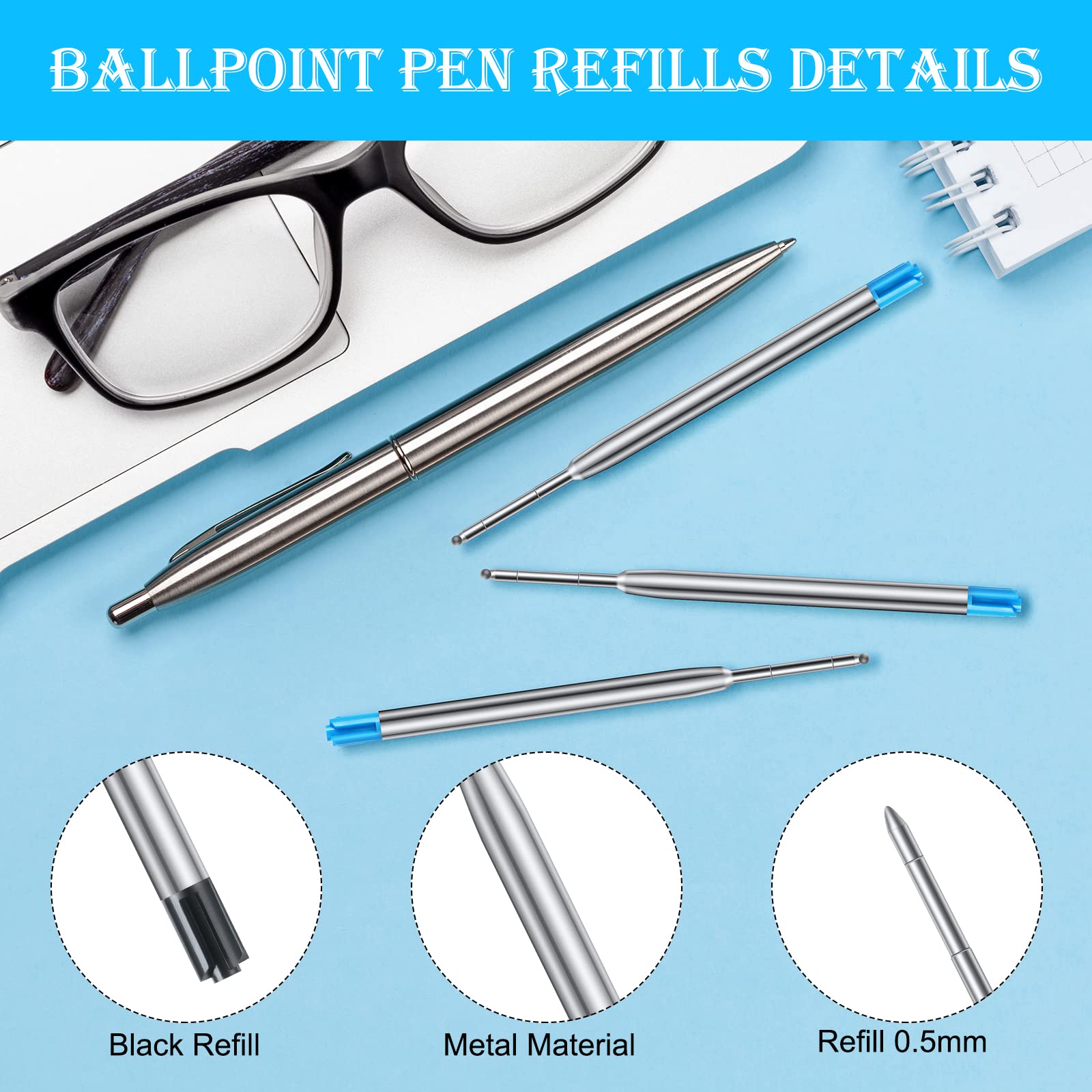 OFFCUP Gel Pen Refills, 20pcs Replaceable Metal Ballpoint Pen Refills, Medium Point - Image 3
