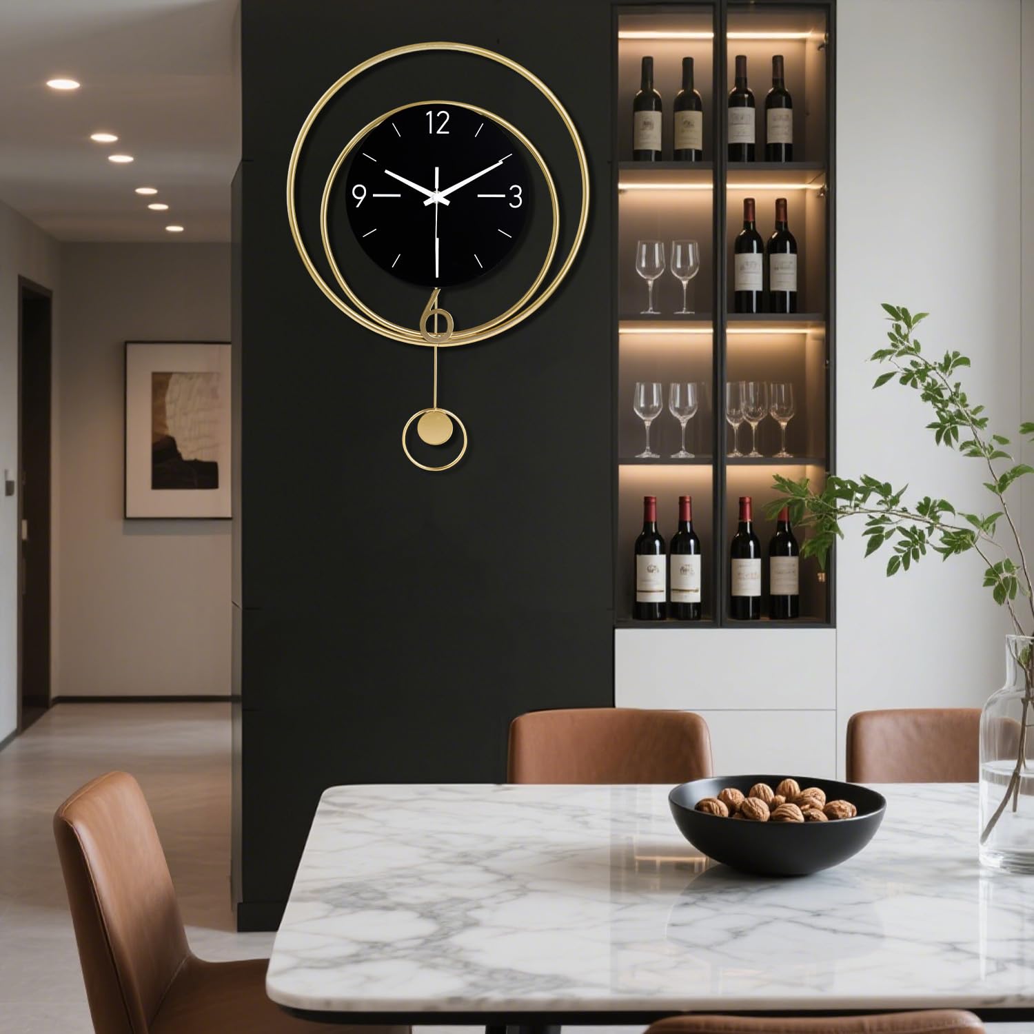 Gilacco Decorative Wall Clock, Silent Non-Ticking Quality Quartz Battery Operated with Pendulum, Large Wall Clock for Living Room Kitchen Home Bathroom Bedroom Wall Decor, 33x43CM(Black)