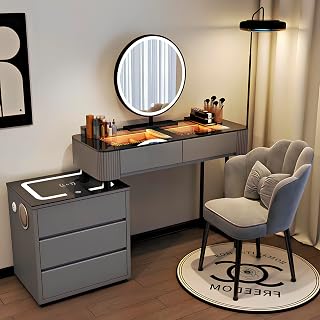 Schminktisch-Set aus Holz mit LED-Lichtern, Spiegel, weißer Schlafzimmer-Schminktisch mit 5 Schubladen und Stuhl, Make-up-Tisch, modernes Schminktisch-Set für Mädchen (grau, 100 cm)