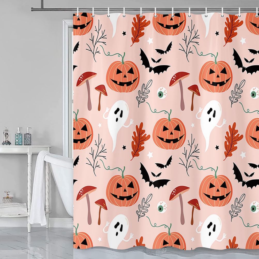 JAWO Halloween Theme Shower Curtain, Pink Cute Ghost Pumpkin Funny Mushroom Pattern Bathroom Curtains Waterproof Polyester Fabric Cloth Bath Curtain Sets 12 Hooks