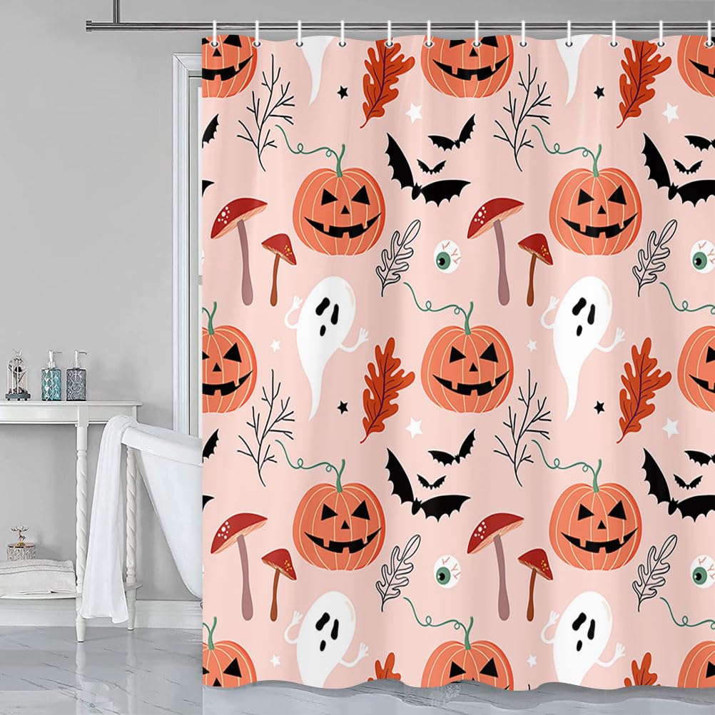 JAWO Halloween Theme Shower Curtain, Pink Cute Ghost Pumpkin Funny Mushroom Pattern Bathroom Curtains Waterproof Polyester Fabric Cloth Bath Curtain