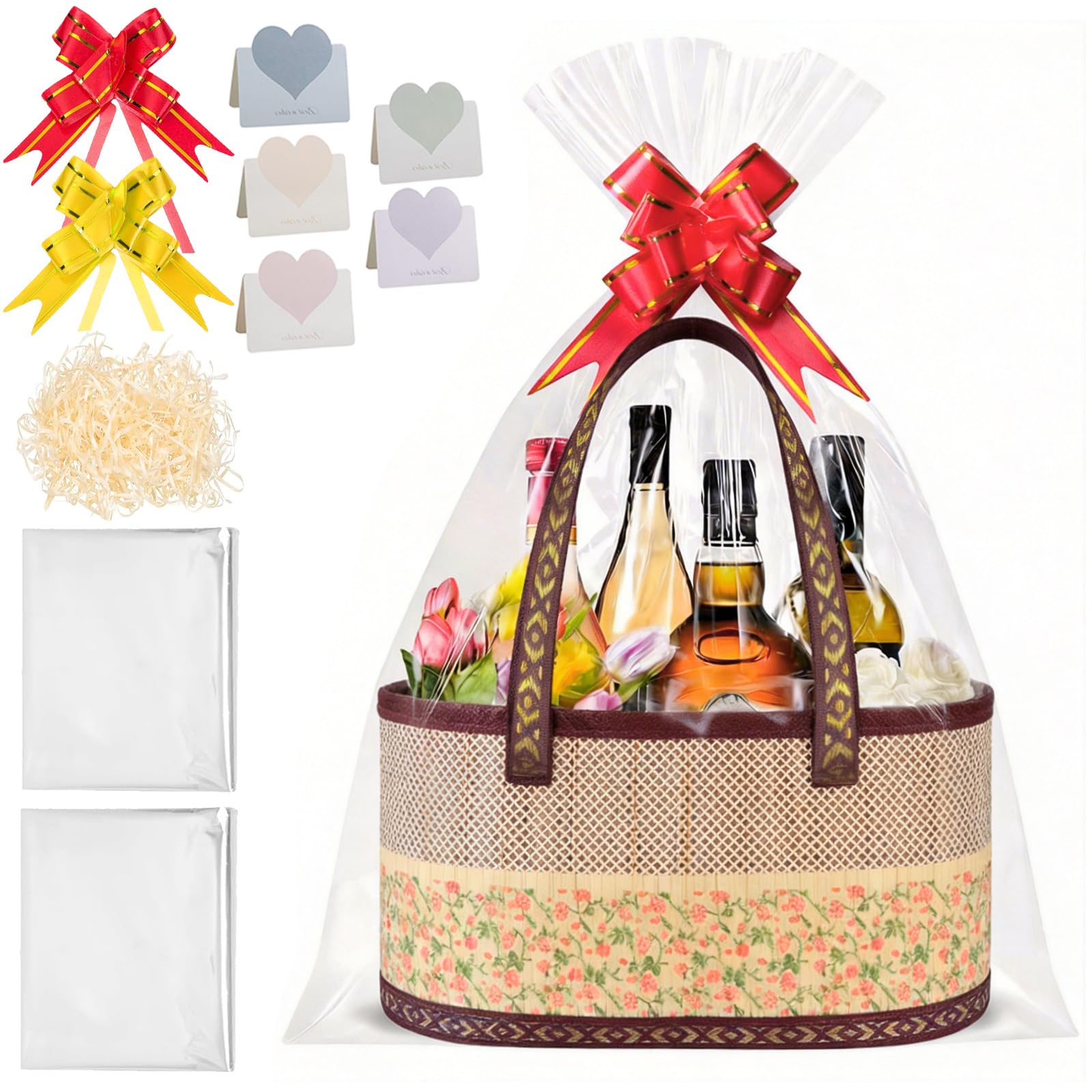 Hamper Baskets for Gifts Empty - Large Woven Bamboo Gift Basket Hamper Kit with 5 Morandi Heart Cards and Raffia, Empty Gift Basket for Christmas Birthday Wedding Baby Shower, 30x20x16cm Red