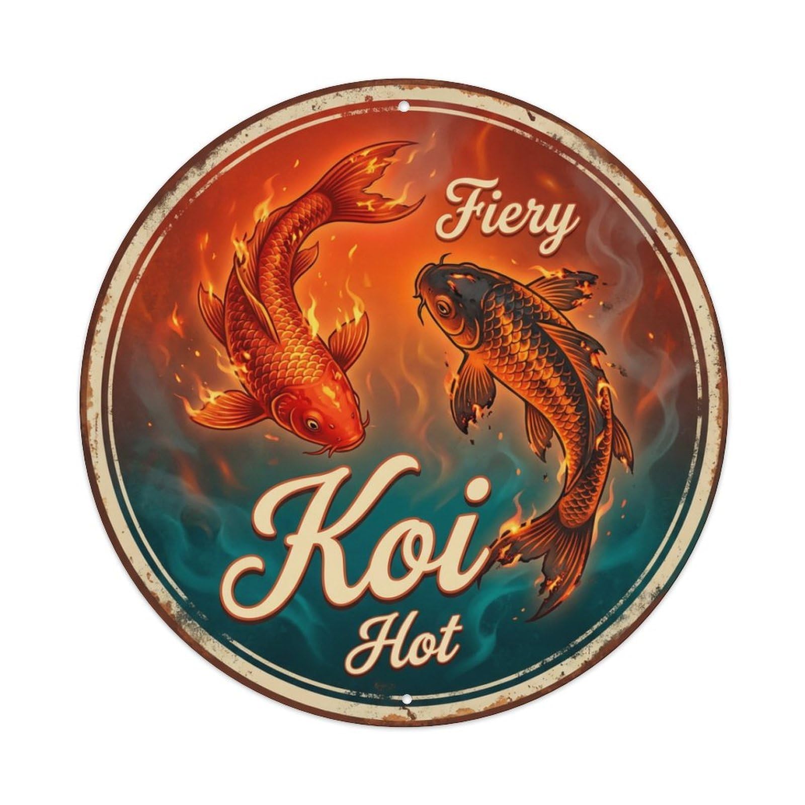 Koi Fish Fiery Hot Scorching Waters Blazing Burning Intense Metal Tin Sign