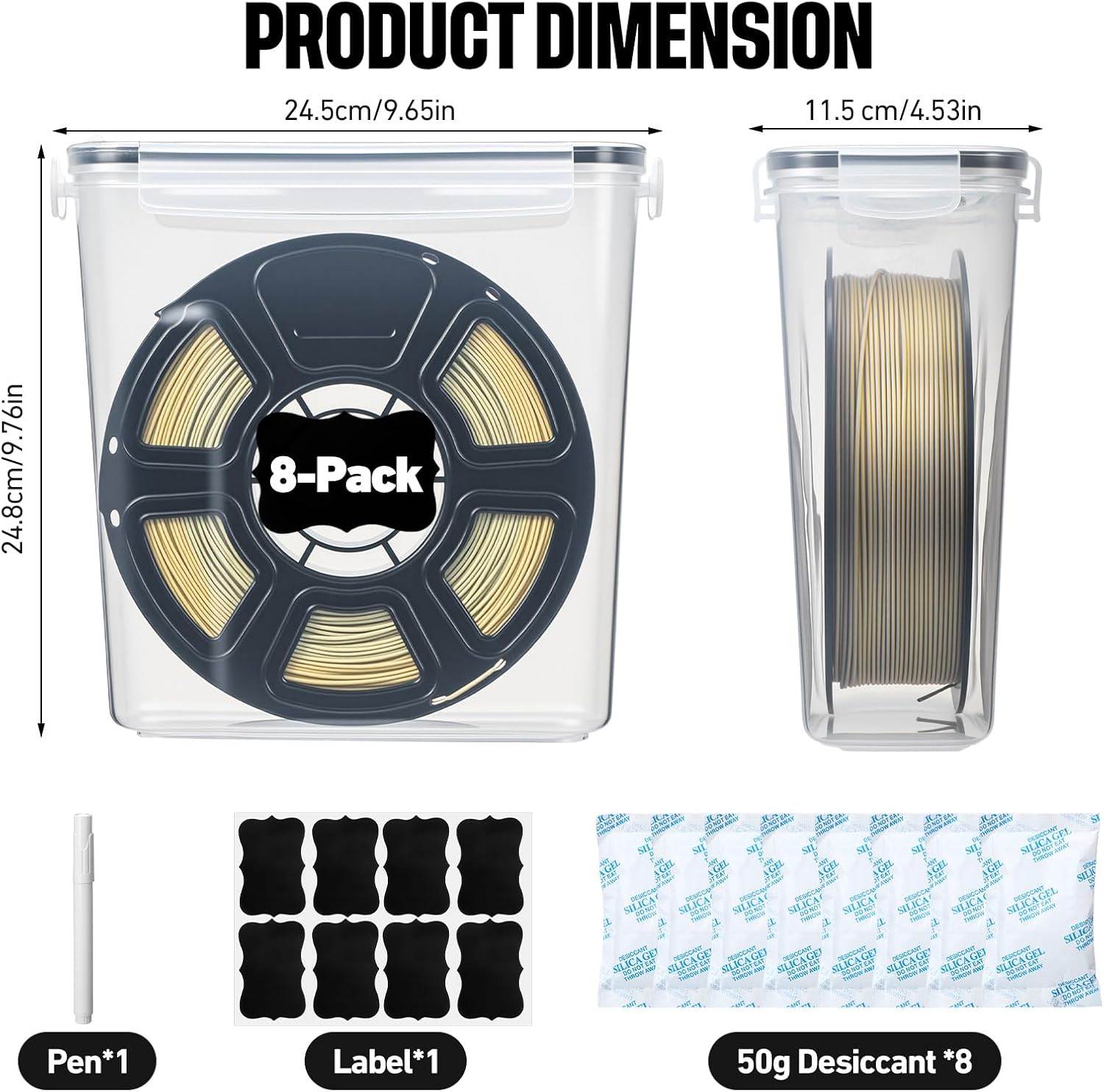 8 Pack 3D Printer Filament Storage Box - Portable Sealed Filament Container 4.0 L Water-Proof & Dust-Proof with Desiccant, Tag, Pen for Studio Office Workshop Home, Only Case Set