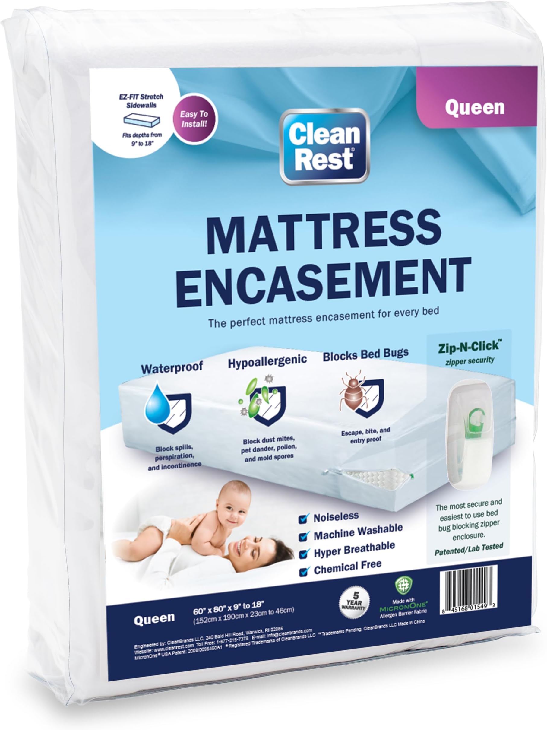 CleanRest Mattress Encasement (Zippered Protector) w/Patented Fabric and Zipper Closure for Superior Bed Bug, Allergy & Waterproof Protection and Cooler Sleep - Queen Size